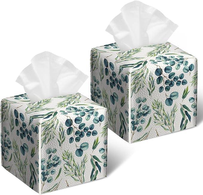 Eucalyptus Sage Tissue Box Cover 2PCS, Plants Leather Tissue Box Holder Square Facial Paper Case Tissue Box Cube Organizer for Bathroom Bedroom Desk Office - ModernBath