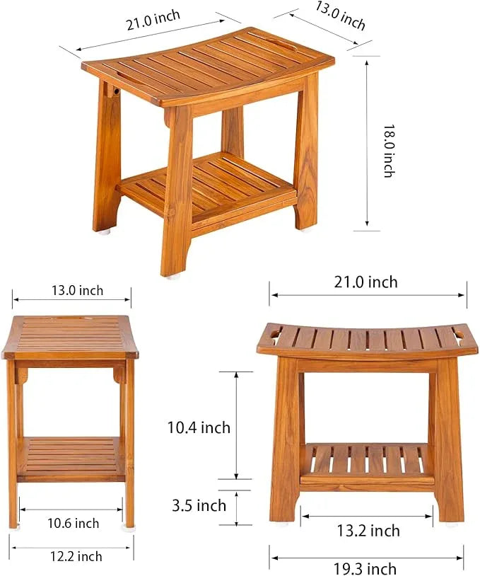 21" Standard Teak Shower Bench with Shelf & Handle - Waterproof, Non-Slip Bath Stool, 300 lbs Capacity - Fits Standard Tubs/Showers & Outdoor Use (Patented) - ModernBath