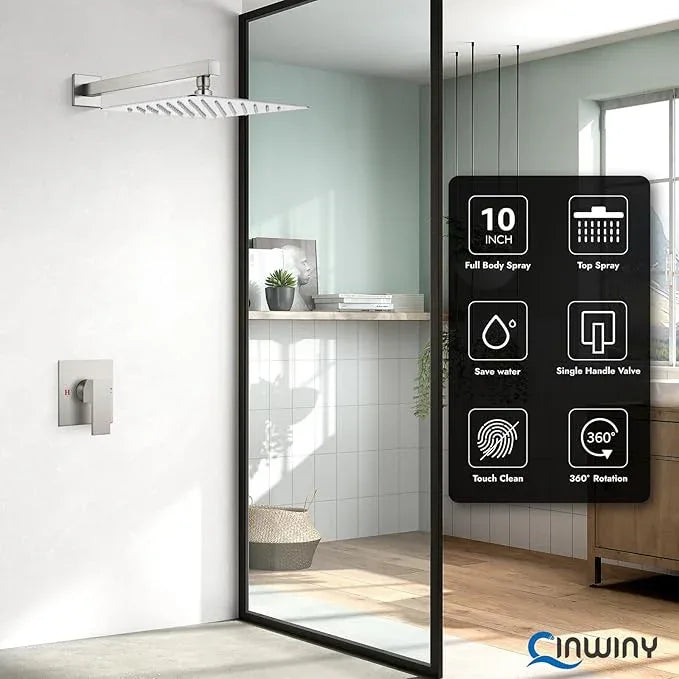 Cinwiny Shower Faucet Set,Shower Head and Handle Set with Valve,Single Handle,Wall Mount 10 Inch Showerhead for Modern Bathroom,Brushed Nickel - ModernBath