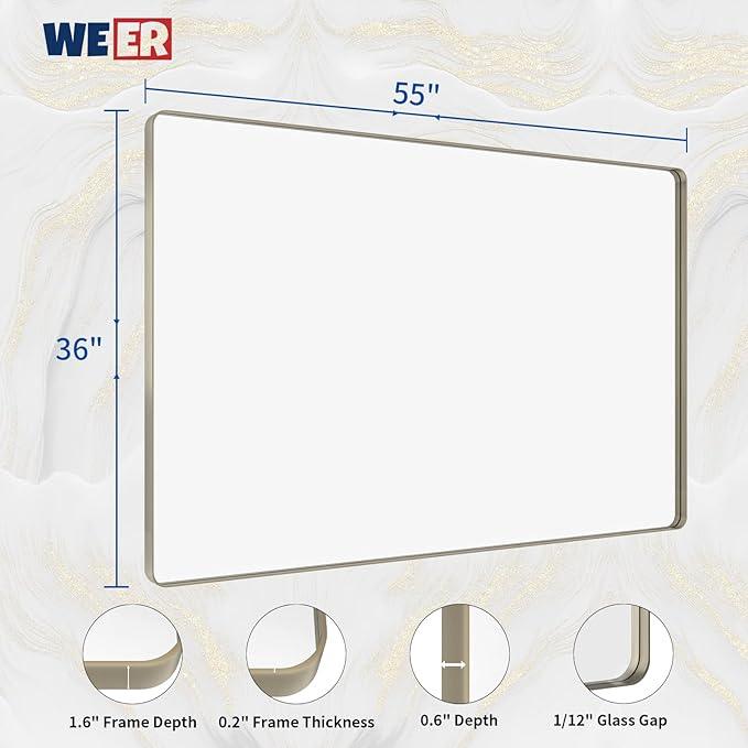 WEER 55X36 Inch Brushed Nickel Bathroom Mirror, Brushed Silver Metal Frame Mirror, Rounded Rectangle Silver Bathroom Vanity Mirror, Tempered Glass, Anti-Rust, Hangs Horizontally or Vertically - ModernBath