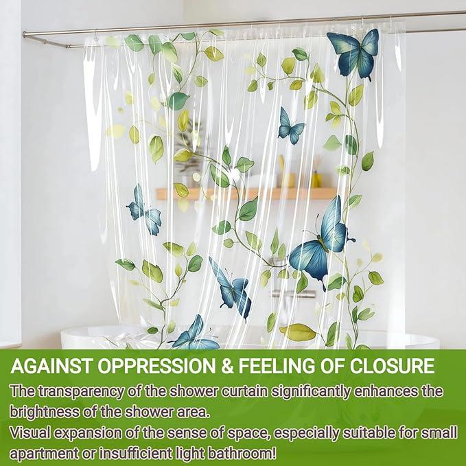 CAPQL Clear Green Vine Blue Butterfly Shower Curtain Liner, Plastic Transparent Green Plant Shower Curtains for Bathroom, 72x72 Weighted Magnetic Shower Curtain Set with 12 Hooks - ModernBath