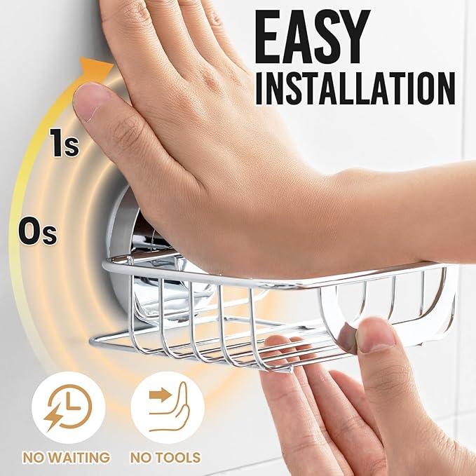LEVERLOC Bar Soap Holder Dish with Hooks, Soap Tray Suction Cup Wall Mounted for Shower, Stainless Steel Sponge Holder Caddy for Bathroom Kitchen Sink Organizer, Rustproof, Silver - ModernBath