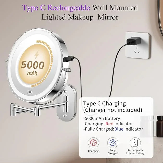 FUNTOUCH 5000mAh Rechargeable Wall Mounted Lighted Makeup Vanity Mirrors, Double Sided 1X 30X Magnifying, 3 Color Lighting, Touch Screen Dimming, Extended Arm 360 Rotation Shaving Bathroom Mirror - ModernBath