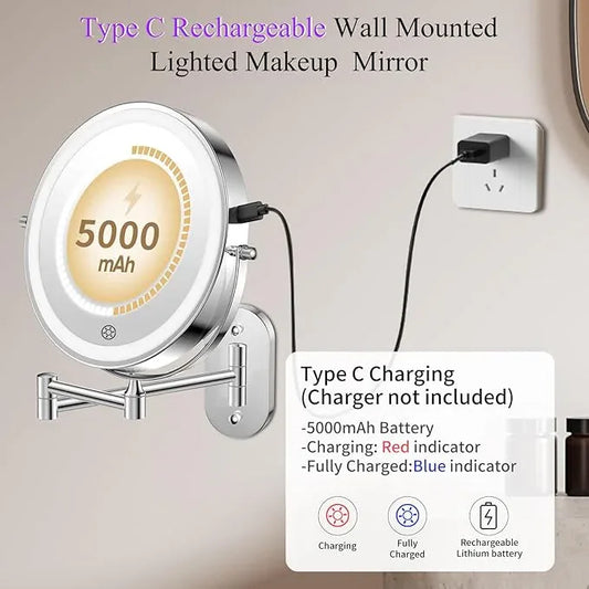 FUNTOUCH 5000mAh Rechargeable Wall Mounted Lighted Makeup Vanity Mirrors, Double Sided 1X 30X Magnifying, 3 Color Lighting, Touch Screen Dimming, Extended Arm 360 Rotation Shaving Bathroom Mirror - ModernBath
