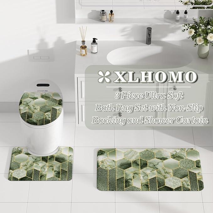 XLHOMO Bathroom Sets with Shower Curtain and Rugs - 4PC Sage Green Geometric Shower Curtain Set with 12 Hooks, Toilet Cover, U-Shaped Mat and Rugs Modern Abstract Bathroom Accessories for Bathroom - ModernBath
