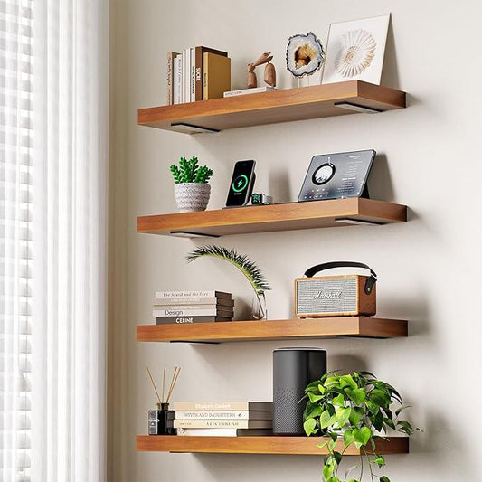 Solid Wood Floating Shelves 24'' Long, 8'' Deep Wall Mounted Shelves with Heavy Duty Brackets, Max Load 150 lbs, Wall Shelves for Bathroom Kitchen Living Room, 24 x 8 x 1.6 in, Walnut, Set of 2 - ModernBath