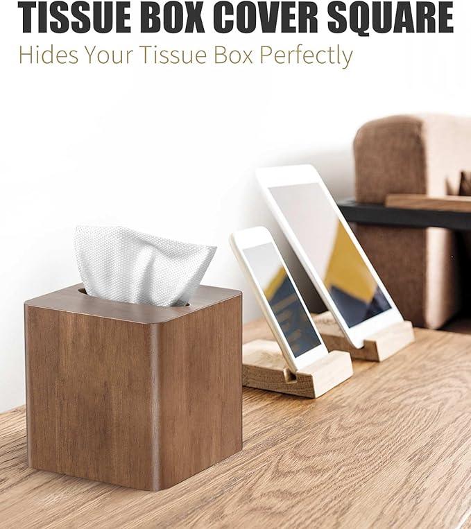 Livelab Tissue Box Cover Square - Oak Wood Tissue Box Holder for Living Room, Dinner Table, Bathroom, Office - Decorative Wooden Cube Facial Tissue Cover for Modern Farmhouse Home Decor | Brown - ModernBath