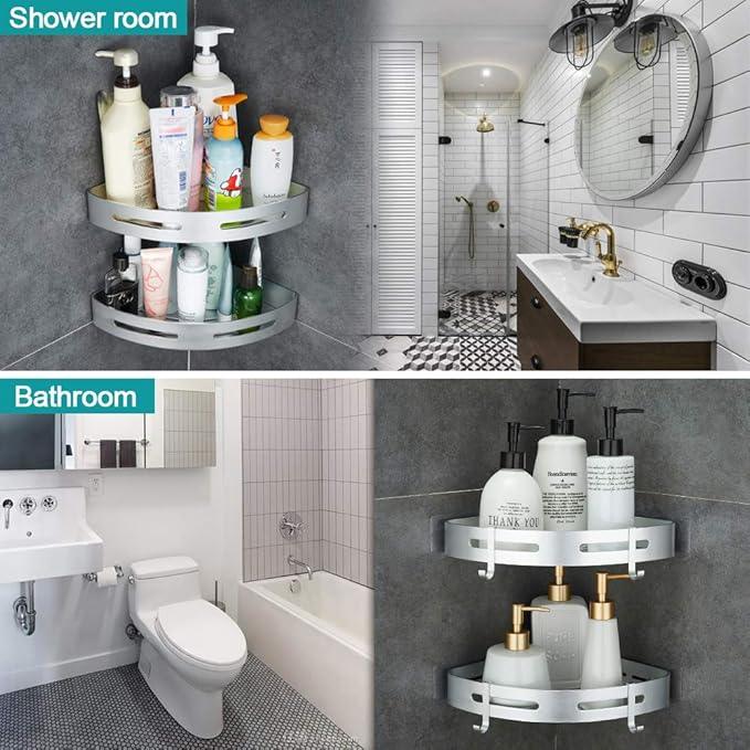 Hoomtaook Corner Caddy Bathroom Shower Shelf Wall Mounted No Drilling 2 Tier Storage Shelves Adhesive Triangle Baskets Silver Bathroom Kitchen Storage Basket - ModernBath