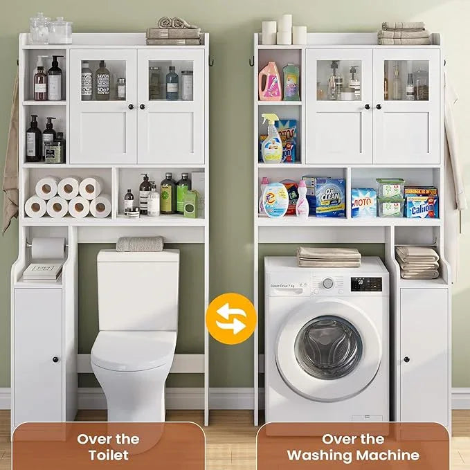 Itaar Over The Toilet Storage Cabinet, Over Toilet Bathroom Organizer with Glass Doors & Toilet Paper Holder Stand, Home Space-Saving Toilet Rack, for Bathroom, Restroom, Laundry(White) - ModernBath