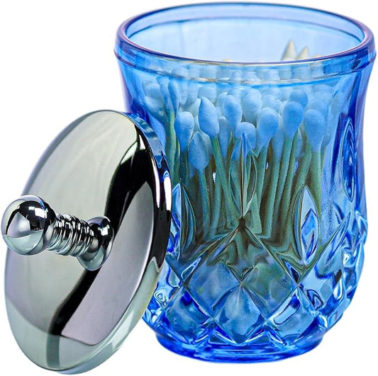 ZIVQEXMURL Qtip Holder,10Oz Blue Glass Apothecary Jars with Silver Lids for Bathroom Organization & Desk Storage,Thick Glass Apothecary Jars for Q-Tips,Cotton Rounds,Jewelry,Candy,Round