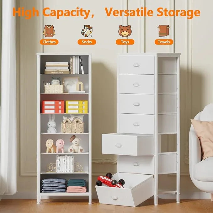 Furnulem White Tall Dresser for Bedroom with 7 Drawers, Vertical Chest of Drawer in Closet, Nightstand Storage Tower Unit Organizer with Fabric Bins for Dorm,Living Room,Entryway,Hallyway - ModernBath