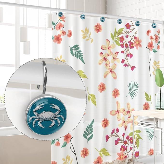 Nautical Abstract Crab Shower Curtain Hooks 12Pcs, Decorative Rust Resistant Shower Rings for Shower Curtain Rods, Stainless Steel Round Curtain Hooks for Bathroom, Bedroom, Farmhouse - ModernBath