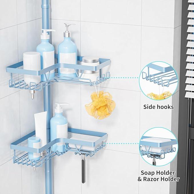 KEGII Shower Caddy Tension Pole, 4-Tier Rustproof Adjustable Corner Bathroom Organizer for Renters, 25–114.2 Inch No Drill Space-Saving Shower Storage Rack, Blue - ModernBath