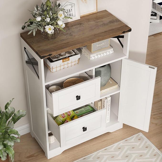 Fameill White Farmhouse Storage Cabinet with 2 Drawers & Shelves,Freestanding Kitchen Cabinet with Doors,Floor Storage Organization for Living Room,Bathroom,Laundry - ModernBath