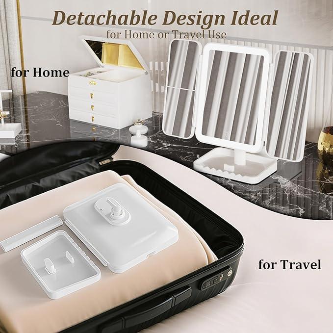 DailyCuddles Makeup Mirror Vanity Mirror with Lights, 3 Color Lighting Modes, 1X/2X/3X Magnification, Tri-fold, 360° Rotation, Phone Holder for Makeup, 2000mAh Rechargeable, Bedroom, Bathroom, (White) - ModernBath