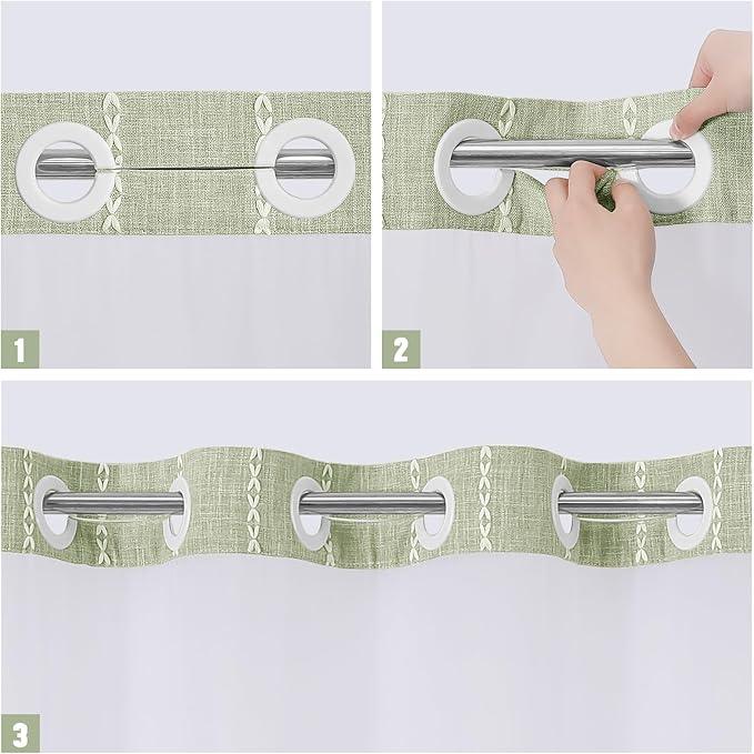 MitoVilla No Hooks Needed Farmhouse Shower Curtain with Snap-in Liner - with Window & Magnets, Boho Cotton Linen Fabric Shower Curtains with Tassels for Rustic Bathroom Decor, Sage Green, 72 x 74 - ModernBath