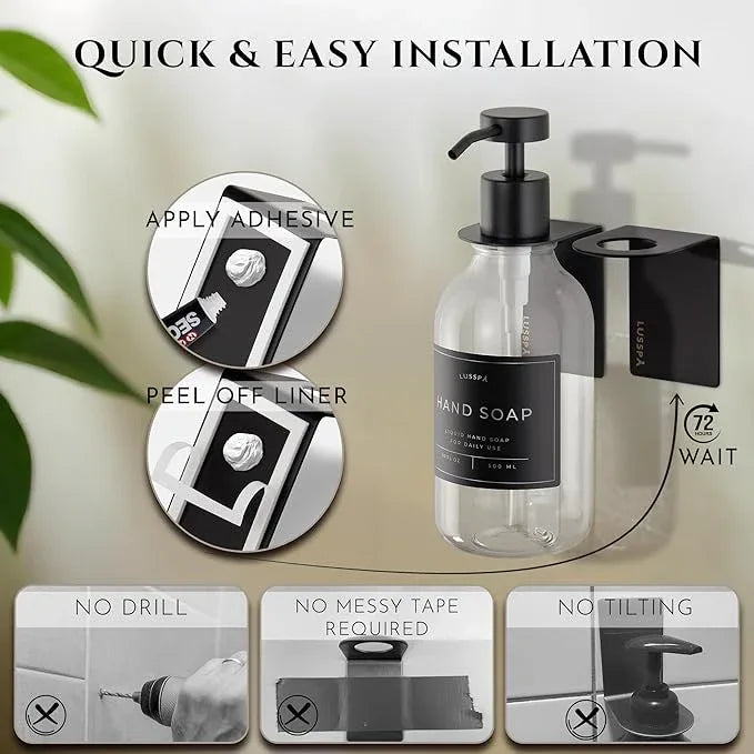 Shampoo & Conditioner Dispenser - Shower Soap Dispenser Wall Mounted - 16.9 Oz Plastic Bottle with Pump & Holder - Shampoo Dispenser - Shower Dispenser Chamber No Drill (1 X Clear/Black) - ModernBath