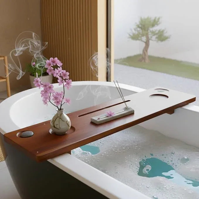 Grand Fjord | Teak Bathtub Tray for Large Soaking Tub | Extra Long 35” Luxury Bath Caddy for Freestanding Tubs | Minimalist Wooden Tub Tray with Candle Holders & Premium Towel by JapandiSpirit - ModernBath