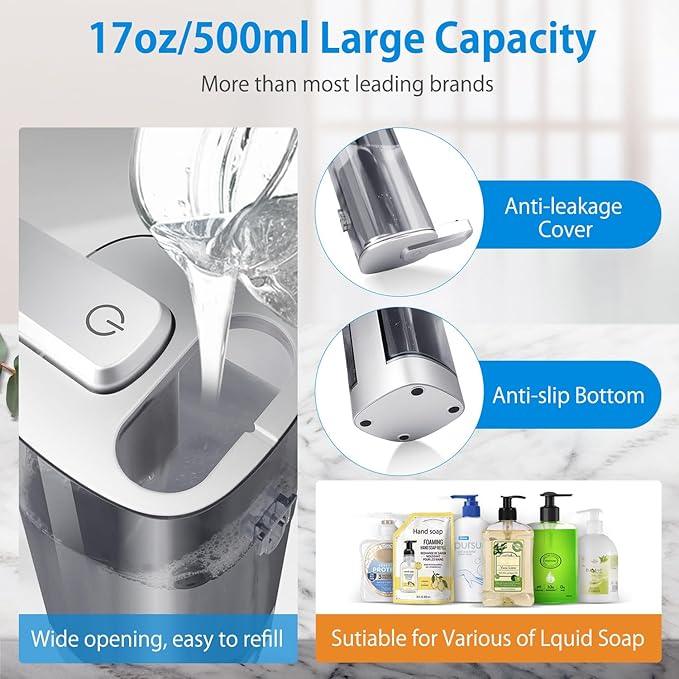 Automatic Liquid Soap Dispenser, Rechargeable, Touchless, 17oz/500ml with 4 Adjustable Soap Levels, Wall Mount & Waterproof, Liquid Hand/Dish Soap Dispenser for Bathroom Kitchen - ModernBath
