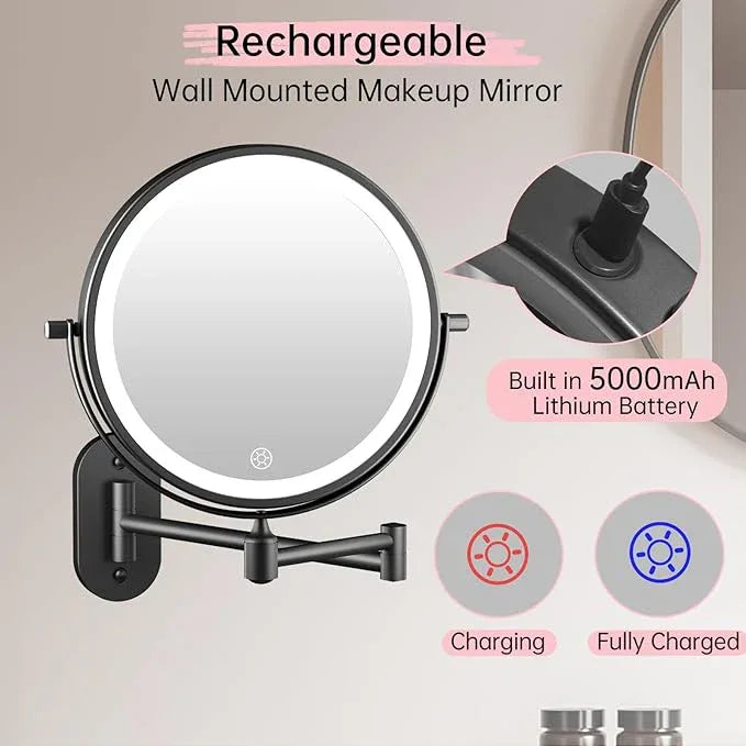 FUNTOUCH Rechargeable Wall Mounted Lighted Makeup Vanity Mirror 8 Inch Double Sided 1X 30X Magnifying Bathroom Mirror, 3 Color Lighting, Touch Dimming, Extended Arm 360 Rotation Light up Mirror Black - ModernBath