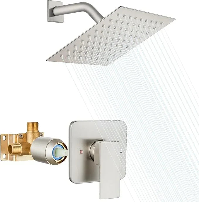 Heyalan 8 Inch Shower Head and Handle Set Square Shower Faucet Set Bathroom Rainfall Shower Faucet Set Stainless Steel Showerhead Single Function Shower Trim Kit,Male Thread Valve,Brushed Nickel - ModernBath
