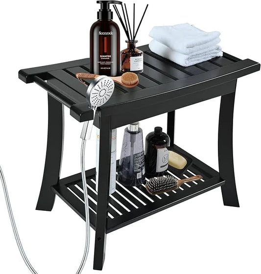 Black Bamboo Shower Bench for Inside Shower with Storage Shelf, Bathroom Shower Stool for Adults Shaving Legs, Spa Bathroom Bench Stool for Indoor Outdoor Use,Bamboo - ModernBath