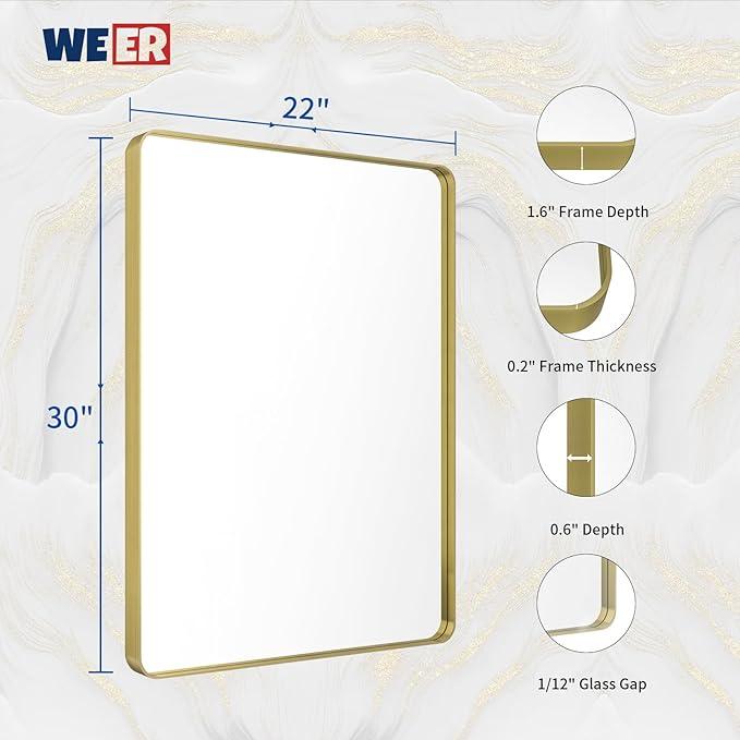 WEER Gold Bathroom Mirror, 22X30 Inch Brushed Gold Metal Frame Mirror, Rounded Rectangle Gold Bathroom Vanity Mirror for Wall, Tempered Glass, Anti-Rust, Hangs Horizontally or Vertically - ModernBath