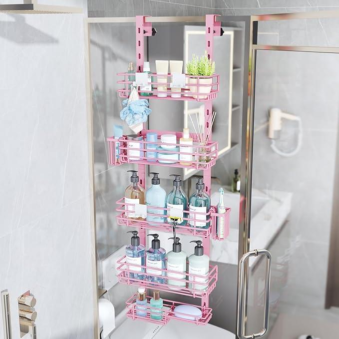 Consumest Over The Door Shower Caddy - 5 Tier Adjustable Shower Organizer Hanging with 2 Toothbrush Holders & 4 Hooks, Rustproof Organizer Shelf, Storage Rack for Bathroom, Pink - ModernBath