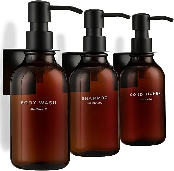 MaisoNovo Shampoo and Conditioner Dispenser - Shower Soap Dispenser Wall Mounted - 16.9 fl oz Set of 3 Amber Plastic Bottles Black Pump - 3 Chamber No Drill - ModernBath