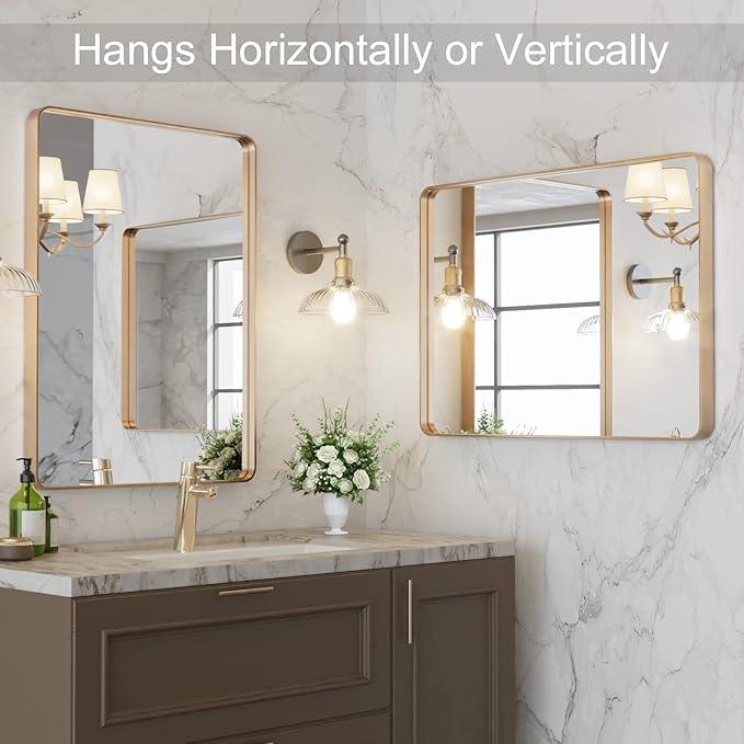 LOAAO 22”X30” Gold Bathroom Mirror, Rounded Rectangle Gold Frame Mirror, Brushed Gold Bathroom Vanity Mirror Wall-Mounted, Anti-Rust, Hangs Horizontally or Vertically - ModernBath