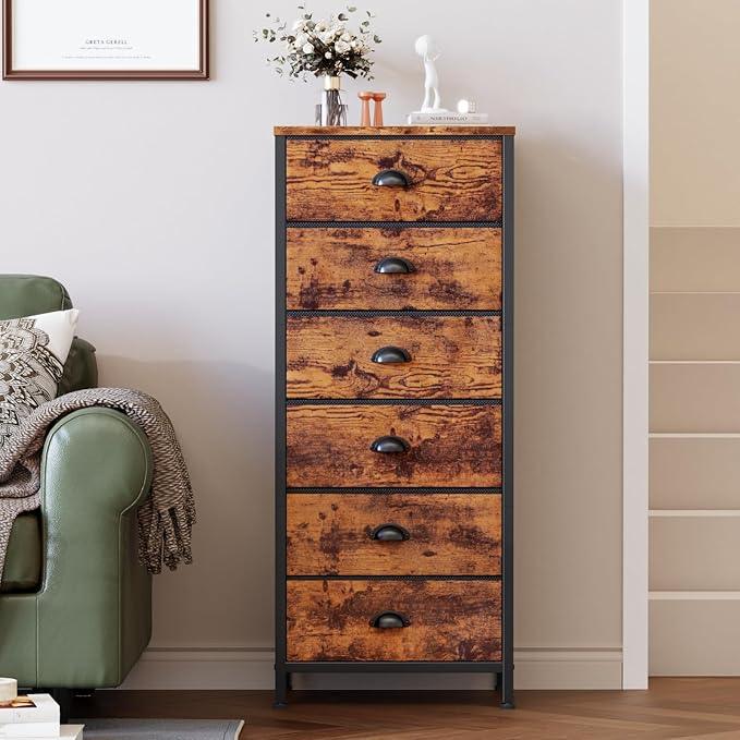 Furnulem Tall Dresser with 6 Drawers,Vertical End Table and Nightstand for Bedroom,Industrial Dorm Bedside Furniture with Fabric Storage Drawer Organizer in Living Room,Closet,Entryway(Rustic Brown) - ModernBath