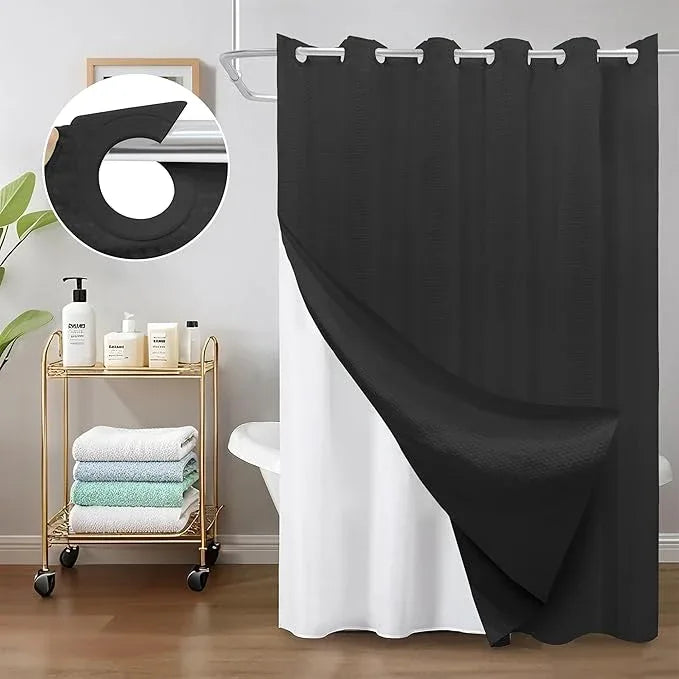 Inhousolu No Hook Waffle Weave Shower Curtain with Removable Snap in Fabric Liner Set for Bathroom, 230 GSM Heavy Duty Weighted Hem, Water Repellent Washable Bath Curtains, 60 x 72 Inch, Black - ModernBath