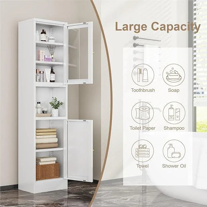 Metal Bathroom Storage Cabinet, 67" Tall Narrow Freestanding Floor Cabinet with Adjustable Shelves and Open Compartment, Slim Metal Locker for Laundry, Kitchen, Dining Room (White-Glass, 67"H) - ModernBath