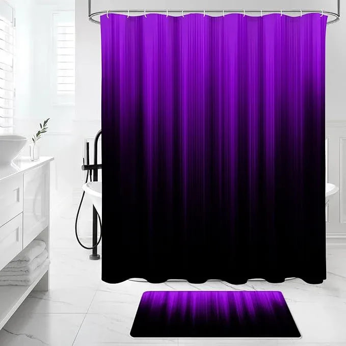 Litabel 4 Pcs Purple and Black Gradient Shower Curtain Set with Rugs and Toilet Lid Cover, Modern Simple Waterproof Fabric Bathroom Set, Ombre Stripe Gothic Abstract Bathroom Decor Set Accessories - ModernBath