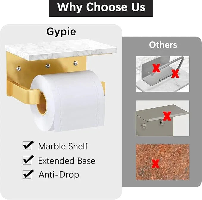 Toilet Paper Holder with Shelf, Extended Base Wall Mounted, Marble Toilet Roll Holder Black for Bathroom Washroom Gold - ModernBath