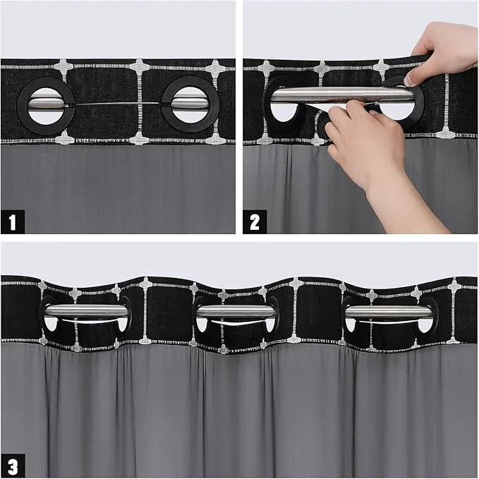 No Hooks Required Farmhouse Shower Curtain with Snap-in Liner - with Window & Magnets, Boho Cotton Linen Fabric Shower Curtains with Tassels for Rustic Bathroom Decor, Black and White, 72 x 74 - ModernBath