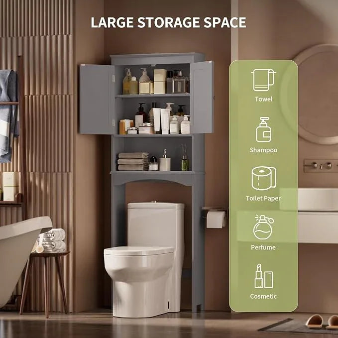 Gizoon Over The Toilet Storage Cabinet with Adjustable Shelf and Double Doors, Bathroom Space Saver Organizer Above Toilet with Open Shelf, Taller Wooden Free Standing Toilet Rack -Grey - ModernBath