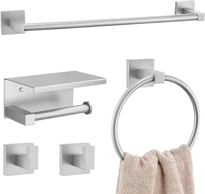 5-Piece Bathroom Hardware Set Brushed Nickel Bathroom Hardware Accessories Set Upgraded Toilet Paper Holder with Shelf Towel Holder Set for Bathroom Stainless Steel Wall Mounted - ModernBath