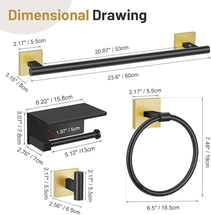 5-Piece Black Gold Bathroom Hardware Set, SUS304 Stainless Steel Bathroom Accessories Set 23.6 inches Towel Bar, Toilet Paper Holder with Shelf, Towel Ring and Two Towel Hooks Wall-Mounted - ModernBath
