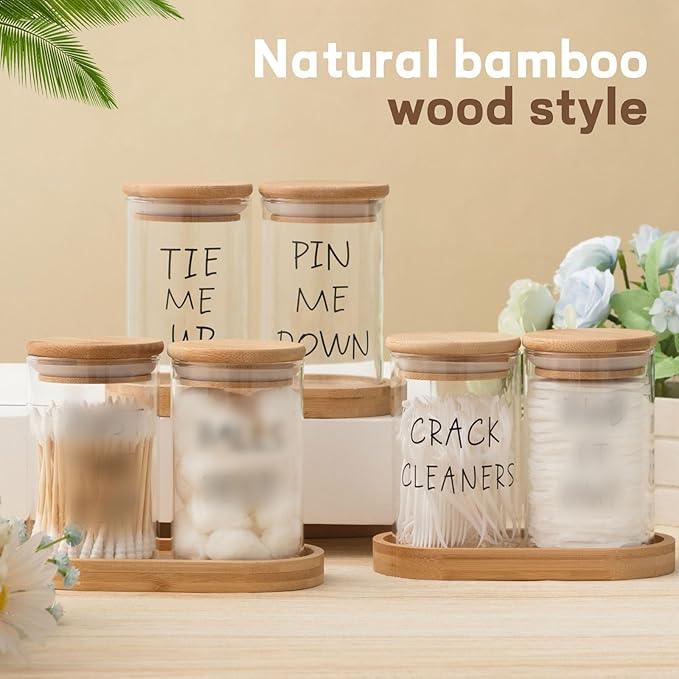 Tessco 6 Pcs Cotton Ball Holder Apothecary Jars with Lids Glass 3 Pcs Bamboo Tray Oval Plate Bathroom Decor Clear Cotton Ball Holder Bathroom Organizer Countertop Bathroom Storage Containers - ModernBath