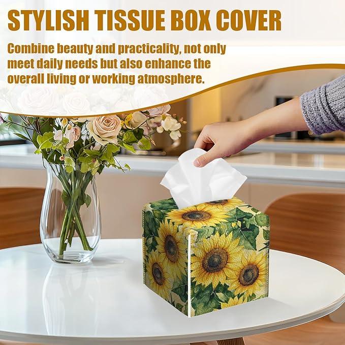 Watercolor Sunflower Tissue Box Cover 2PCS, Leather Tissue Box Holder Square Facial Paper Case Tissue Box Cube Organizer for Bathroom Bedroom Desk Office - ModernBath