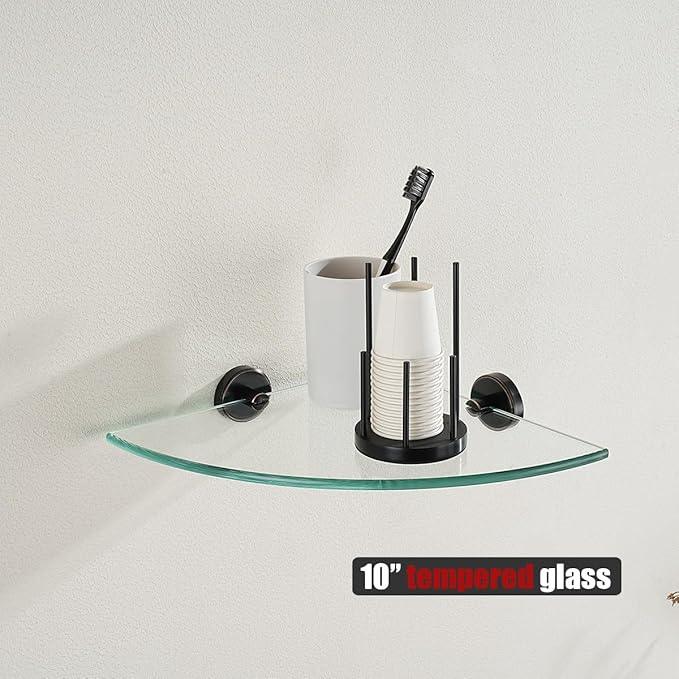 JQK Corner Glass Shelf, Oil Rubbed Bronze Bathroom 304 Stainless Steel Shower Triangle Floating Wall Shelf, 10 x 10 Tempered Glass, 3 Pack, TGS190L10-ORB-P3 - ModernBath