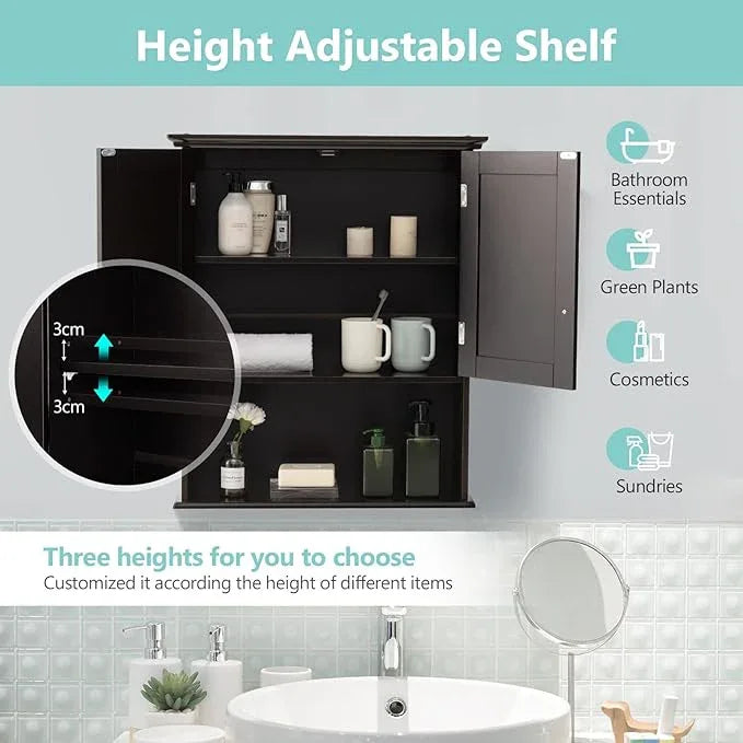 COSTWAY Wall Mounted Bathroom Cabinet, Over The Toilet Storage Cabinet w/Double Doors & Adjustable Shelf, Wood Hanging Medicine Cabinet for Living Room, Entryway, Kitchen (Brown) - ModernBath
