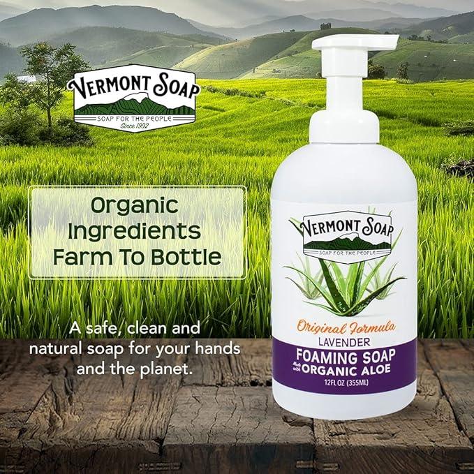 VERMONT SOAP Organic Lavender Foaming Hand Soap - Natural Moisturizing Soap for Dry Skin - Fragrance Free Liquid Bathroom Hand Soap Dispenser - Lavender - 12 oz - ModernBath