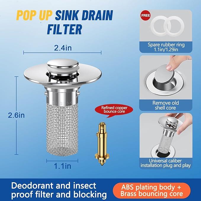 2PC Bathroom Sink Stopper Hair Catcher, Pop Up Sink Drain Filter with Removable Stainless Steel Filter Basket Hair Catcher, for US Bathroom Sink Stopper Replacement. - ModernBath