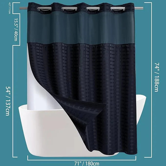 Conbo Mio No Hook Shower Curtain with Snap in Liner Set, Hotel Luxury Black Shower Curtains for Bathroom with See Through Top Window, Waterproof, Washable 71W x 74H - ModernBath