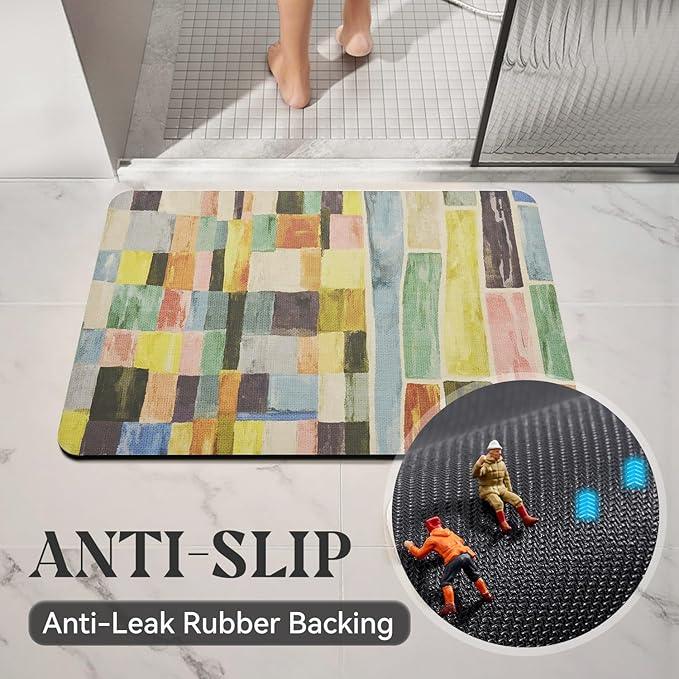 MontVoo -Bath Mat-Non Slip Thin Bathroom Rugs Fit Under Door- Quick Dry Absorbent Faux Suede Surface Grey Bathroom Floor Mats-Shower Rug for in Front of Bathtub Shower Colorful Plaid 17x27.5 - ModernBath