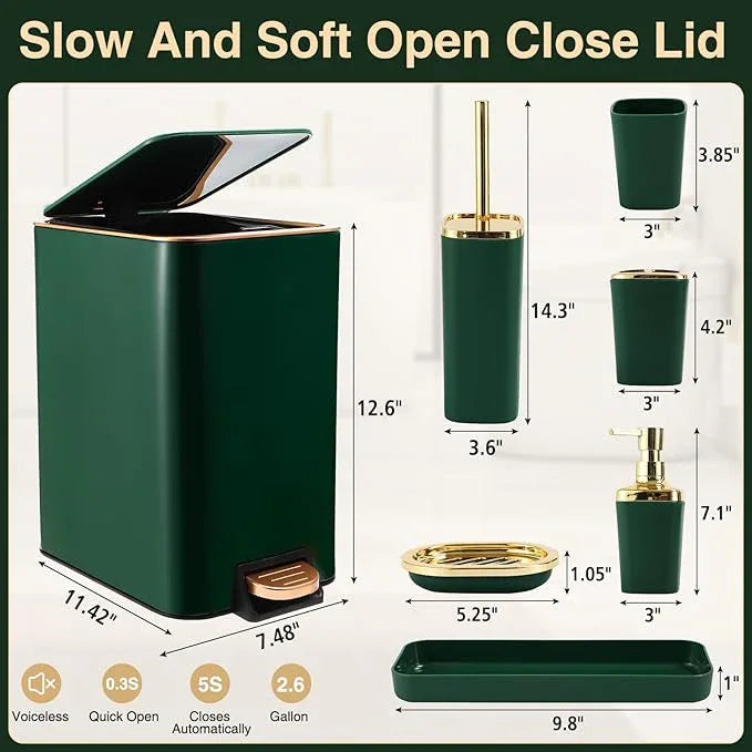 XLHOMO Bathroom Set Bathroom Accessories Set 8 Piece Green and Gold Bathroom Set, Bathroom Sets with Stainless Steel Trash Can,Toilet Brush,Toothbrush Set,Soap Dispenser - ModernBath