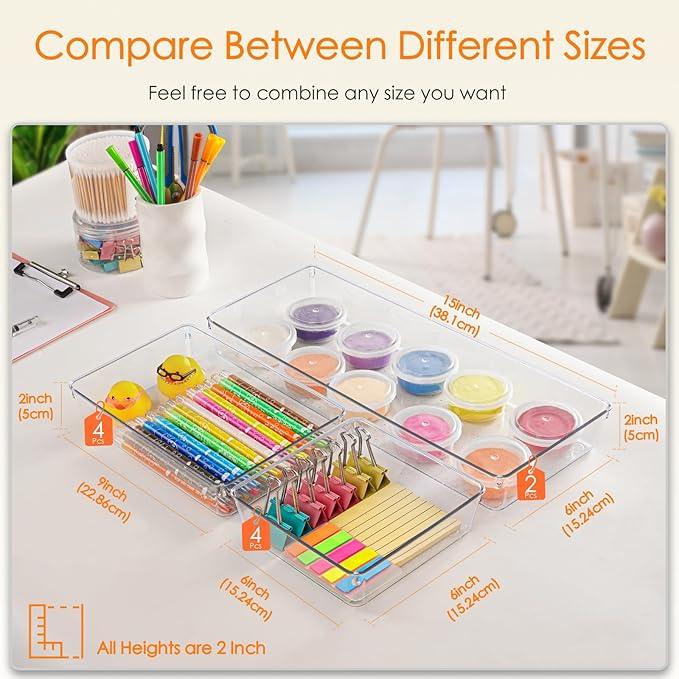 Criusia Drawer Organizer, 10 Pack Large Clear Plastic Set, 3 Size Versatile Bathroom and Vanity Organizer Trays, Storage Bins for Makeup, Bedroom, Kitchen Utensils - ModernBath