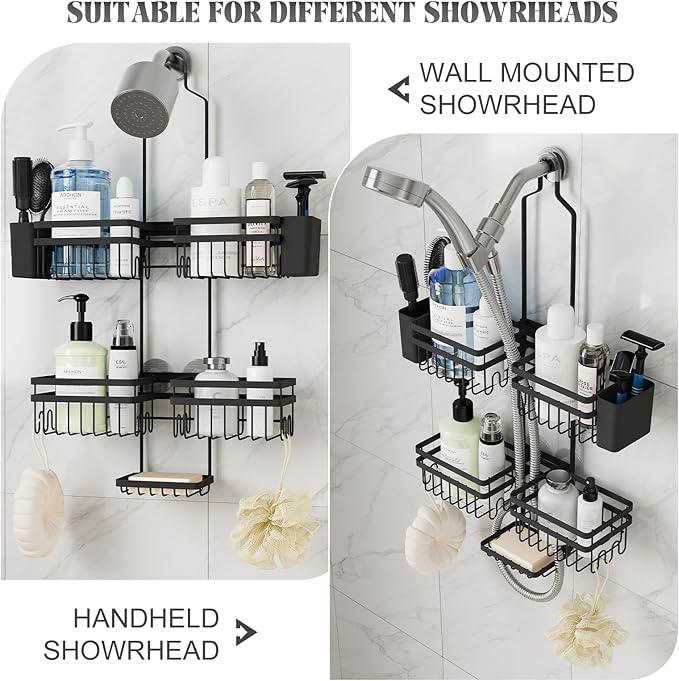 STAHLHEART Shower Caddy Hanging for Bathroom Organizers and Storage - 3-Tier Adjustable Anti-Swing Shower Organizer Hanging with Heavy-Duty Suction Cups, Damage-Free Rustproof (Black) - ModernBath